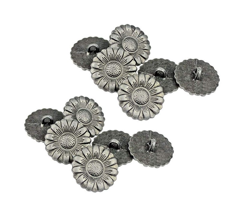 RECHERE 12 PCS Sun Flower Metal Shank Buttons Craft for DIYS Sewing Embellishment (Antique Silver 15mm)